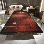 Molten Gold Pedestal Dining Table with Deep Red Burl Wood Top and Inlaid Motif